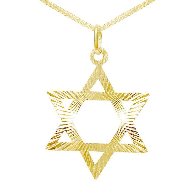 Large Star of David pendant (2.6 cm) in 14k yellow gold with laser decorations