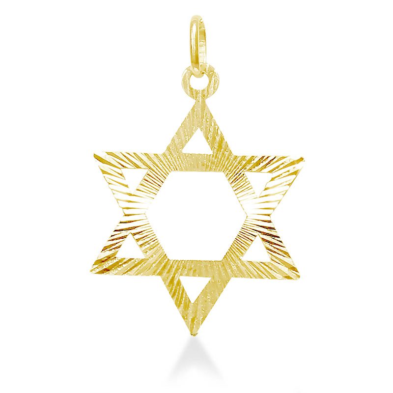 Large Star of David pendant (2.6 cm) in 14k yellow gold with laser decorations