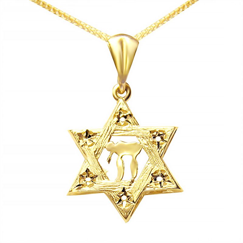 "Star of David" pendant with "Hai" (1.6 cm) in 14k yellow gold