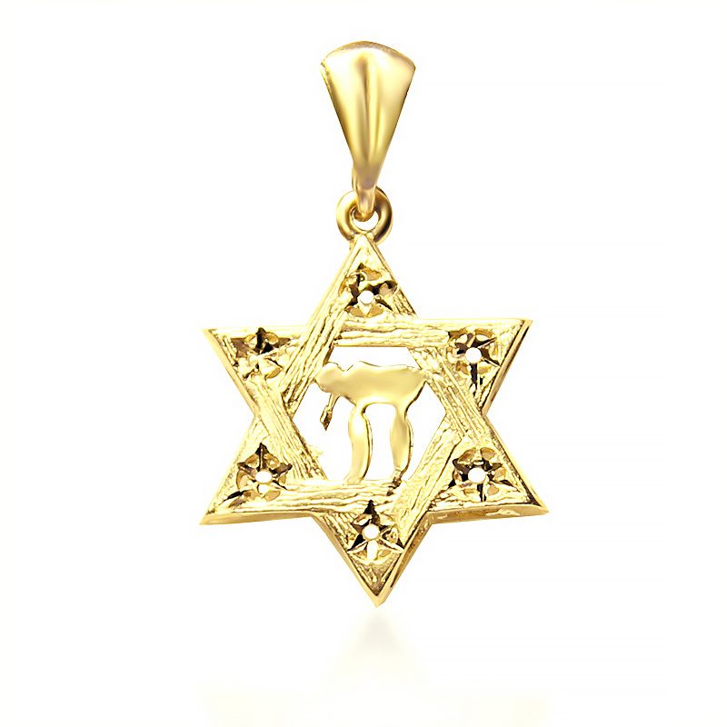 "Star of David" pendant with "Hai" (1.6 cm) in 14k yellow gold