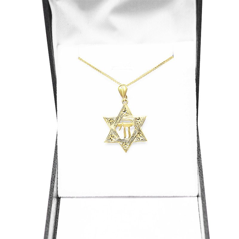 Star of David pendant with "Hai" (2.3 cm) in 14k yellow gold