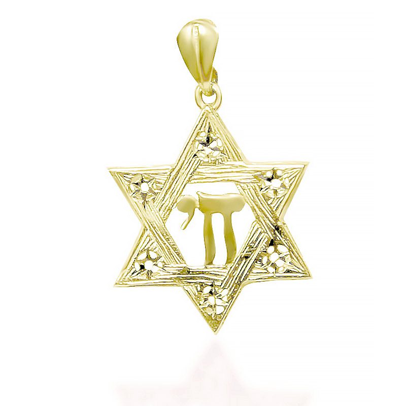 Star of David pendant with "Hai" (2.3 cm) in 14k yellow gold