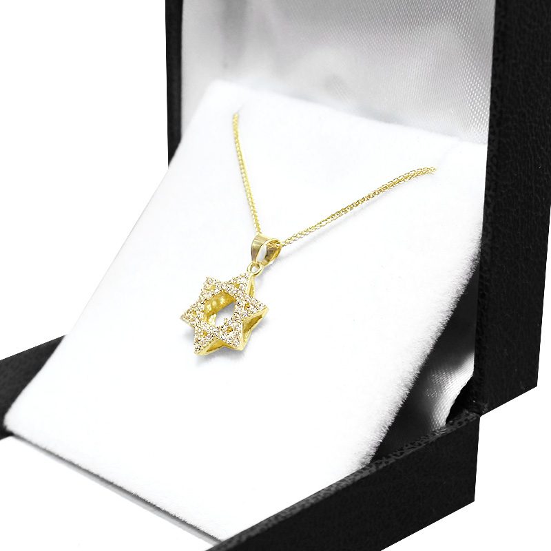 "Star of David" pendant (1.5*1.3 cm) in 14k yellow gold for a man or woman, set with crystals