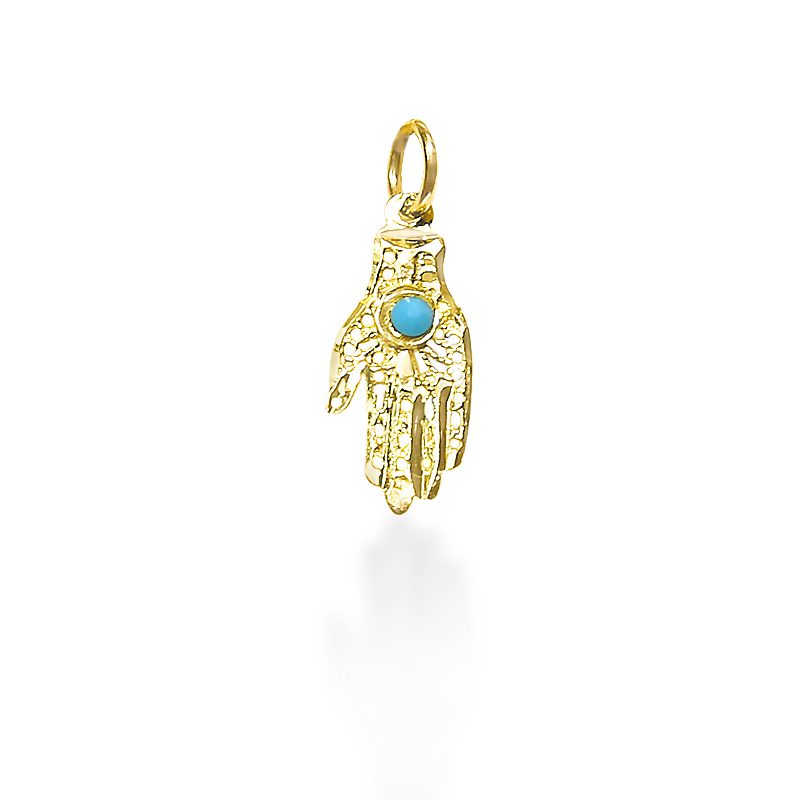 Small Hamsa pendant (1.6*0.8 cm) in 14k yellow gold set with turquoise stone