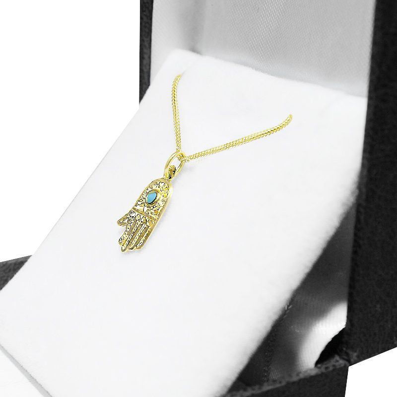 Hamsa pendant (1.6*1 cm) in 14k yellow gold with turquoise stone and filigree decorations