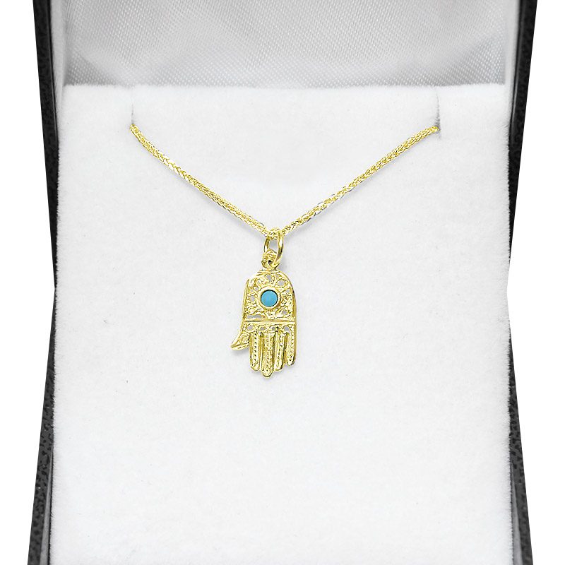 Hamsa pendant (1.6*1 cm) in 14k yellow gold with turquoise stone and filigree decorations