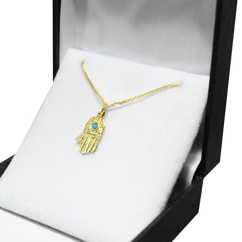 Hamsa pendant (1.6*1 cm) in 14k yellow gold with turquoise stone and filigree decorations