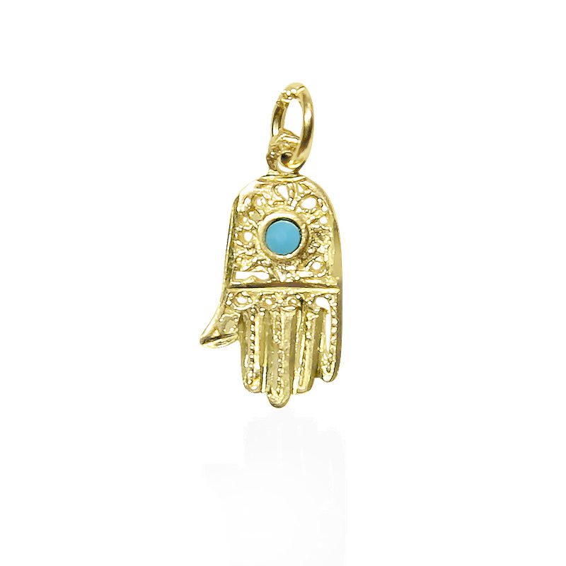 Hamsa pendant (1.6*1 cm) in 14k yellow gold with turquoise stone and filigree decorations