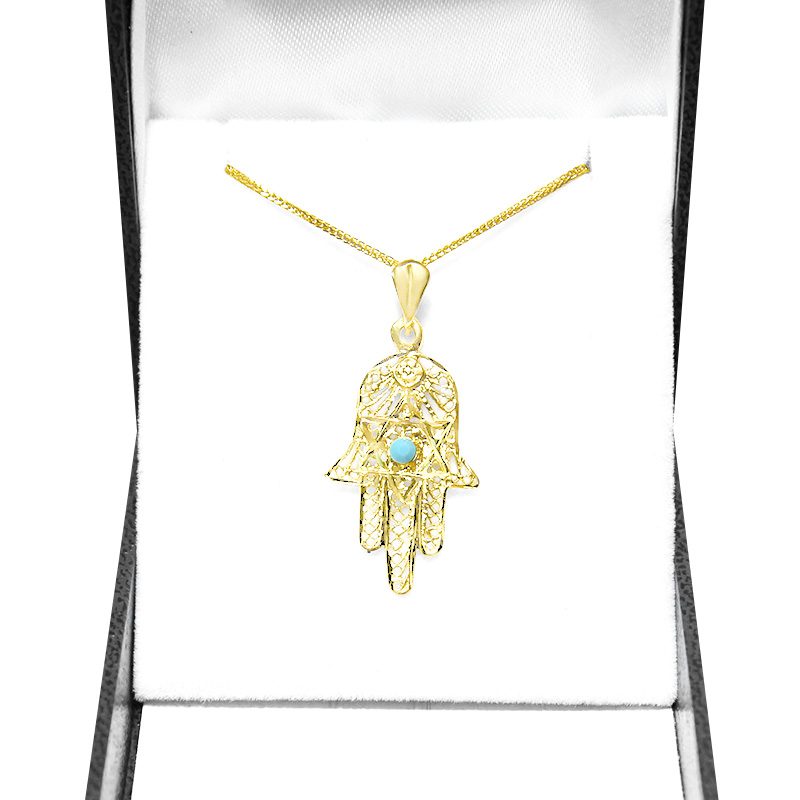 Large Hamsa pendant (3.2*1.8 cm) in 14k yellow gold with filigree and Star of David decorations