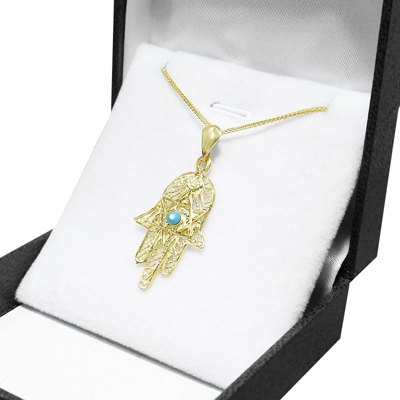 Large Hamsa pendant (3.2*1.8 cm) in 14k yellow gold with filigree and Star of David decorations