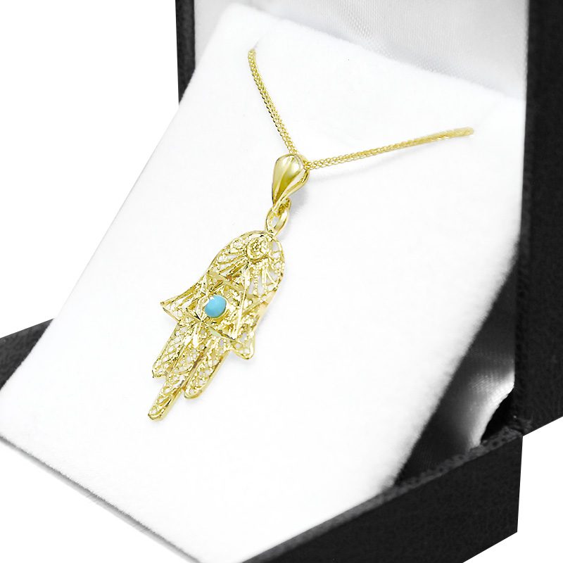 Large Hamsa pendant (3.2*1.8 cm) in 14k yellow gold with filigree and Star of David decorations