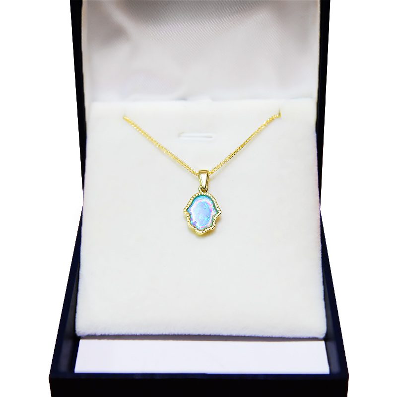 Hamsa pendant (1.25*1 cm) in 14k yellow gold with opal stone