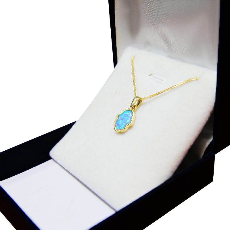 Hamsa pendant (1.25*1 cm) in 14k yellow gold with opal stone