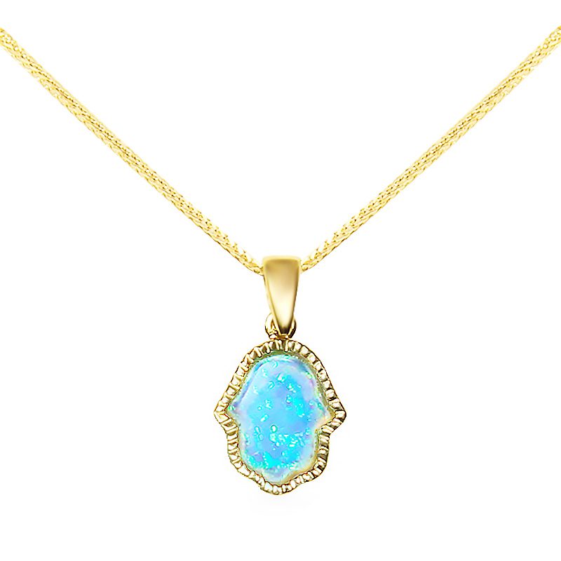 Hamsa pendant (1.25*1 cm) in 14k yellow gold with opal stone