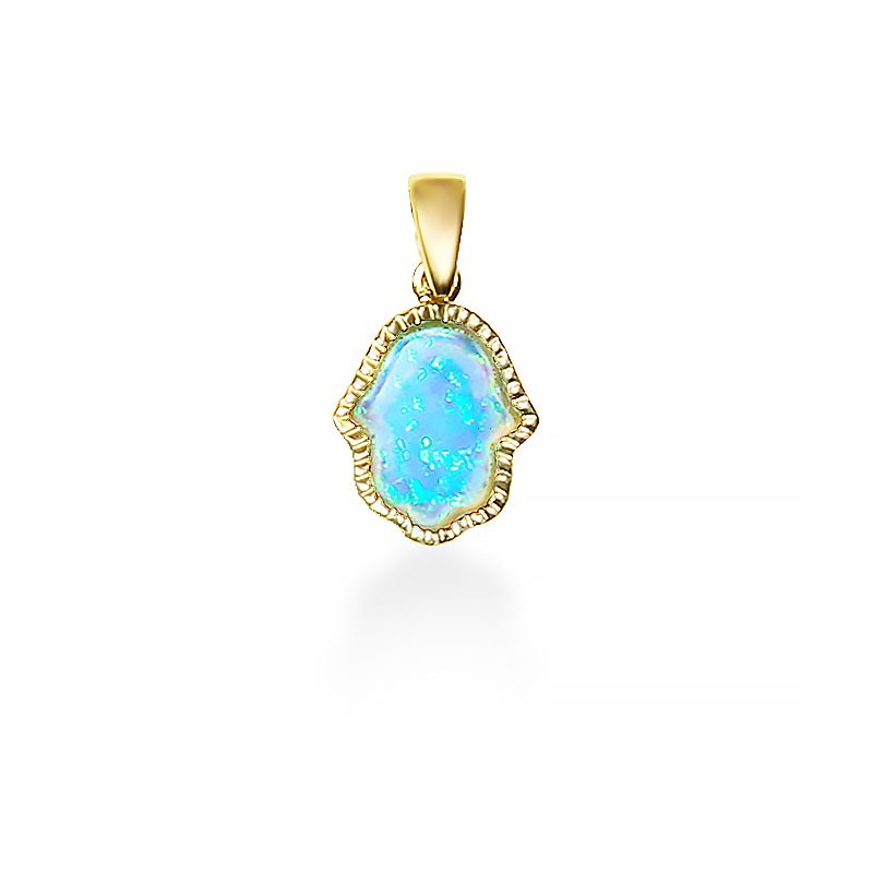 Hamsa pendant (1.25*1 cm) in 14k yellow gold with opal stone