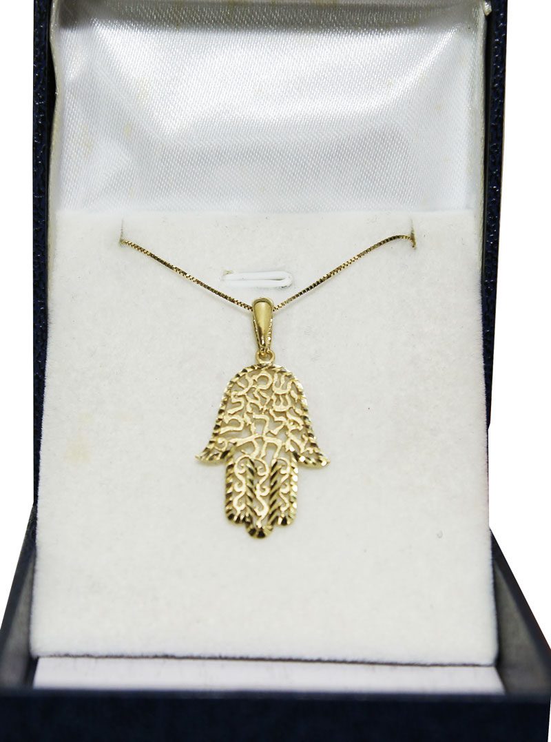 Hamsa Pendant (2.8*1.8 cm) "Shema Israel, our God is one" in 14k yellow gold