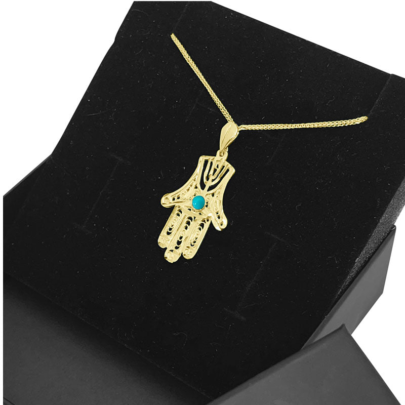 Large "Hamsa" pendant (2.8*1.7 cm) with 14k yellow gold "menorah" and turquoise stone