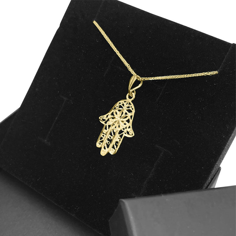 Medium Hamsa Pendant (2.8*1.65 cm) in 14k yellow gold with filigree decorations