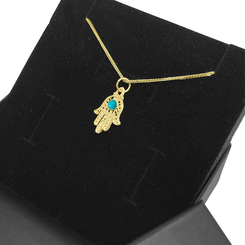 Small "Hamsa" pendant (1.6*2 cm) in 14k yellow gold with filigree and turquoise decorations