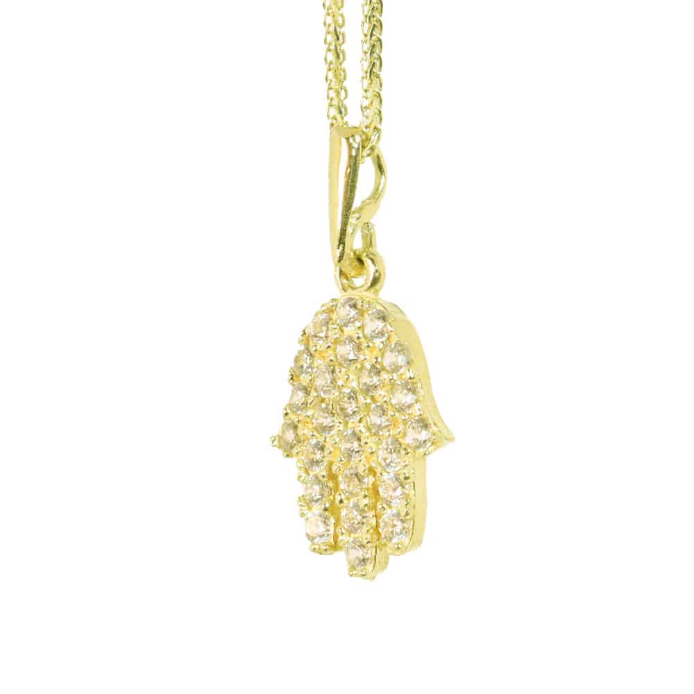 Small Hamsa pendant (1.4*1.1 cm) in 14k yellow gold set with white crystals