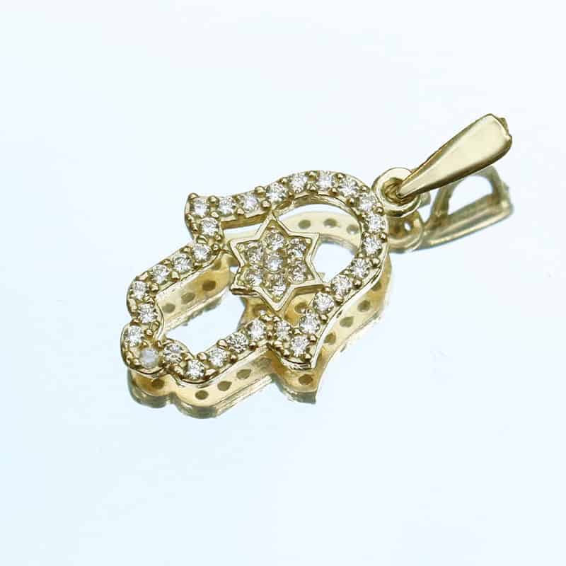 Small Hamsa pendant (1.6*1 cm) in 14k yellow gold with white crystals