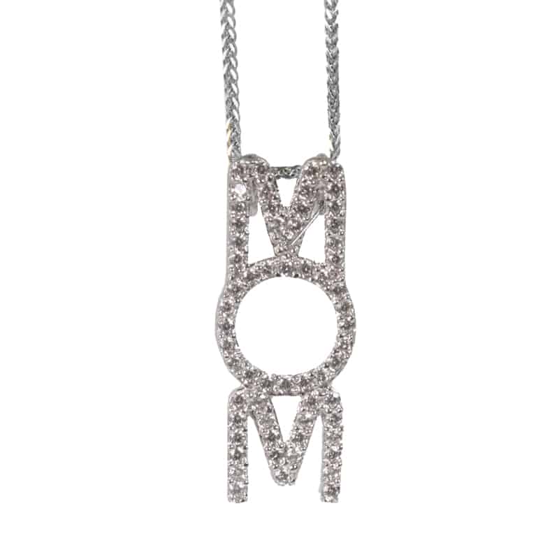 "MOM" pendant (2.3*1 cm) in 14k white gold with crystals