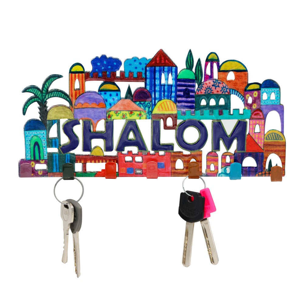מתלה מתכת "SHALOM" למפתחות (24*14 ס"מ) בחיתוך לייזר נופי ירושלים, מעוצב ע"י האמן יאיר עמנואל