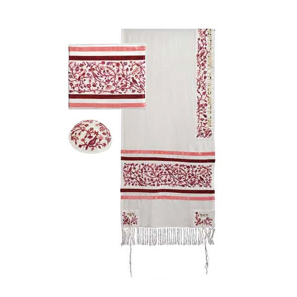 3-piece set: Embroidered Tallit 4 Mothers Burgundy (50*180 cm) + Tallit cover + Kippah by Judaica artist Yair Emanuel