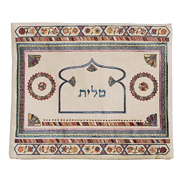 תיק טלית פשתן ורקמה "שער" צבעוני – שער מקושת ורוזטות ברקמה צבעונית על פשתן טבעי, יאיר עמנואל