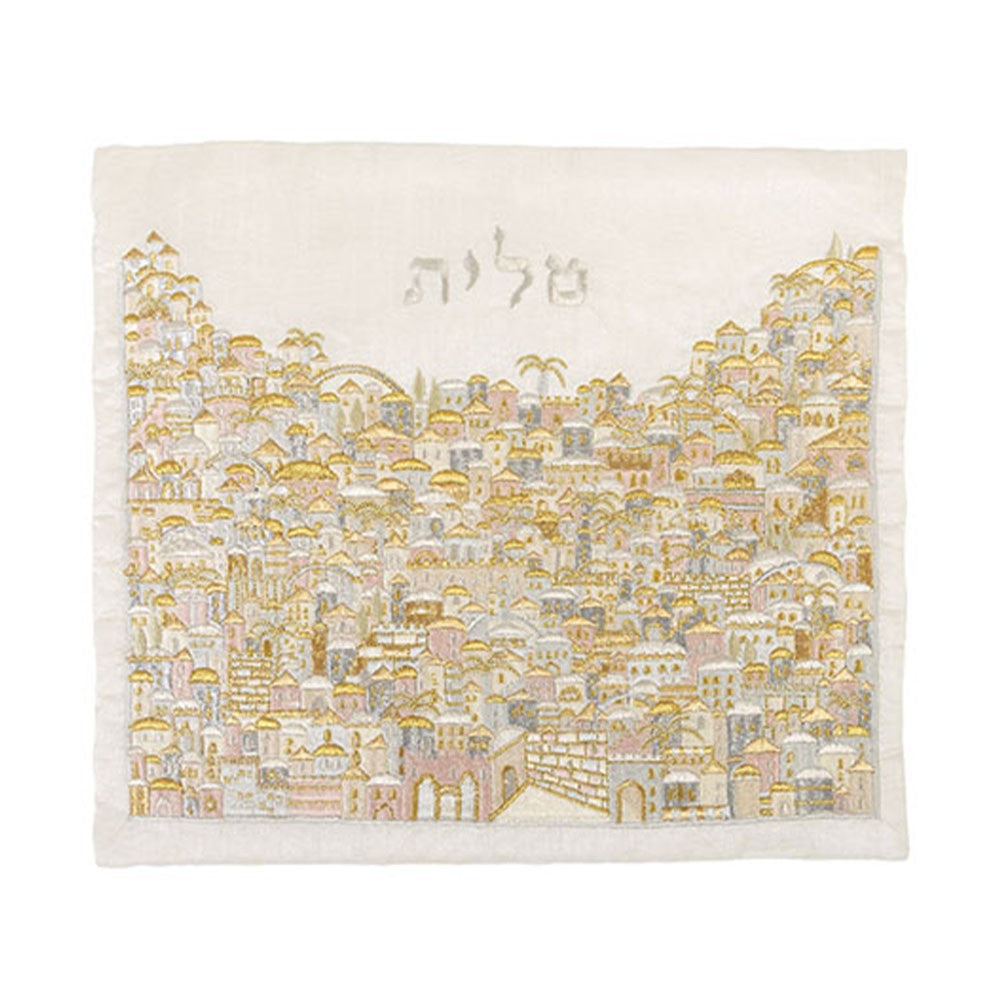 תיק טלית רקמה מלאה ירושלים כסף וזהב - רקמה על בד - יאיר עמנואל