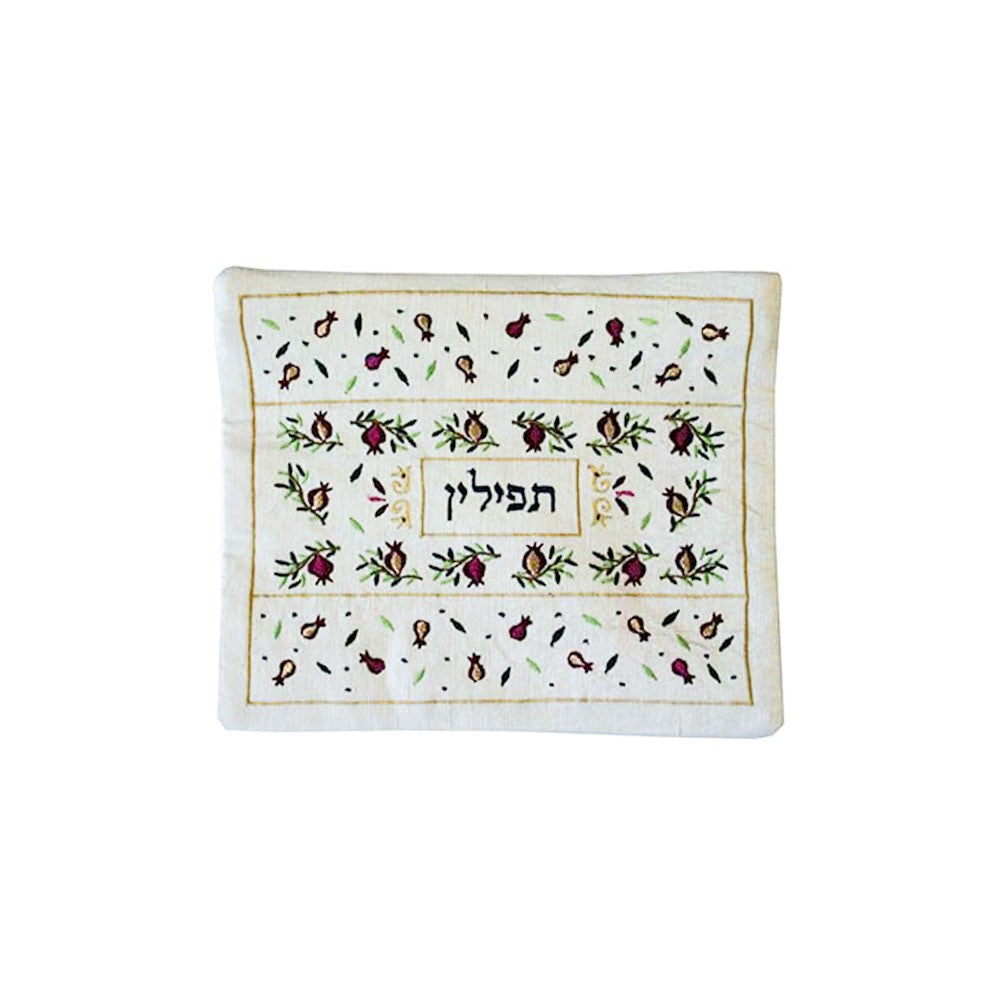 תיק תפילין רקום רימונים לבן - רקמה על בד - יאיר עמנואל
