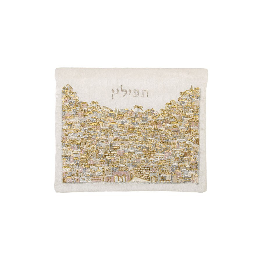 תיק תפילין רקמה מלאה ירושלים כסף וזהב על רקע לבן – רקמה על בד, עיצוב האמן יאיר עמנואל
