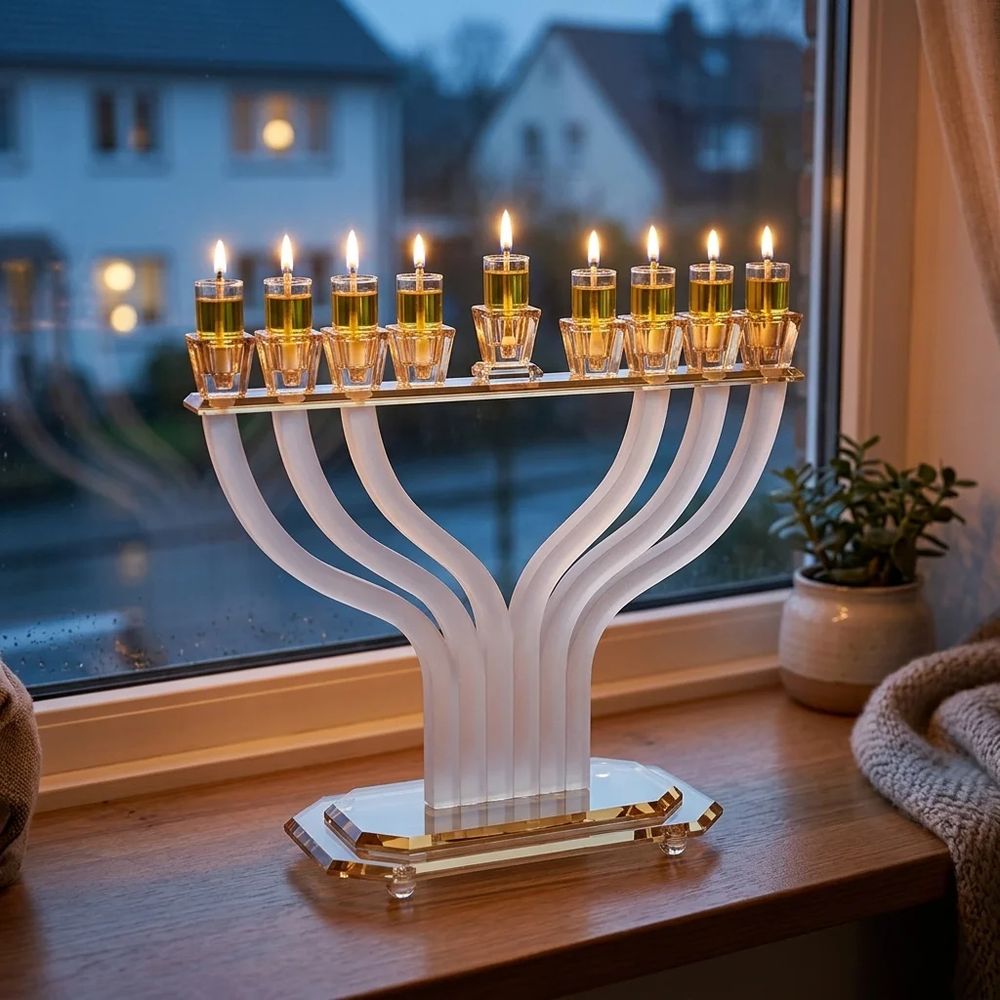 חנוכייה מקריסטל מט עם זרועות מעוקלות ופרטי זהב – החנוכייה דולקת בערב חנוכה