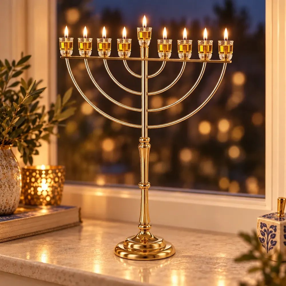 חנוכייה ענקית לבית כנסת ולאולמות "אור הזהב" בגימור זהב – קנים מעוגלים – החנוכייה דולקת בערב חנוכה