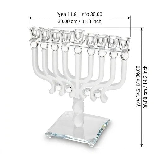 חנוכייה מקריסטל מט עם זרועות מסולסלות ואבני קריסטל – תמונת מידות: 36*30 ס"מ