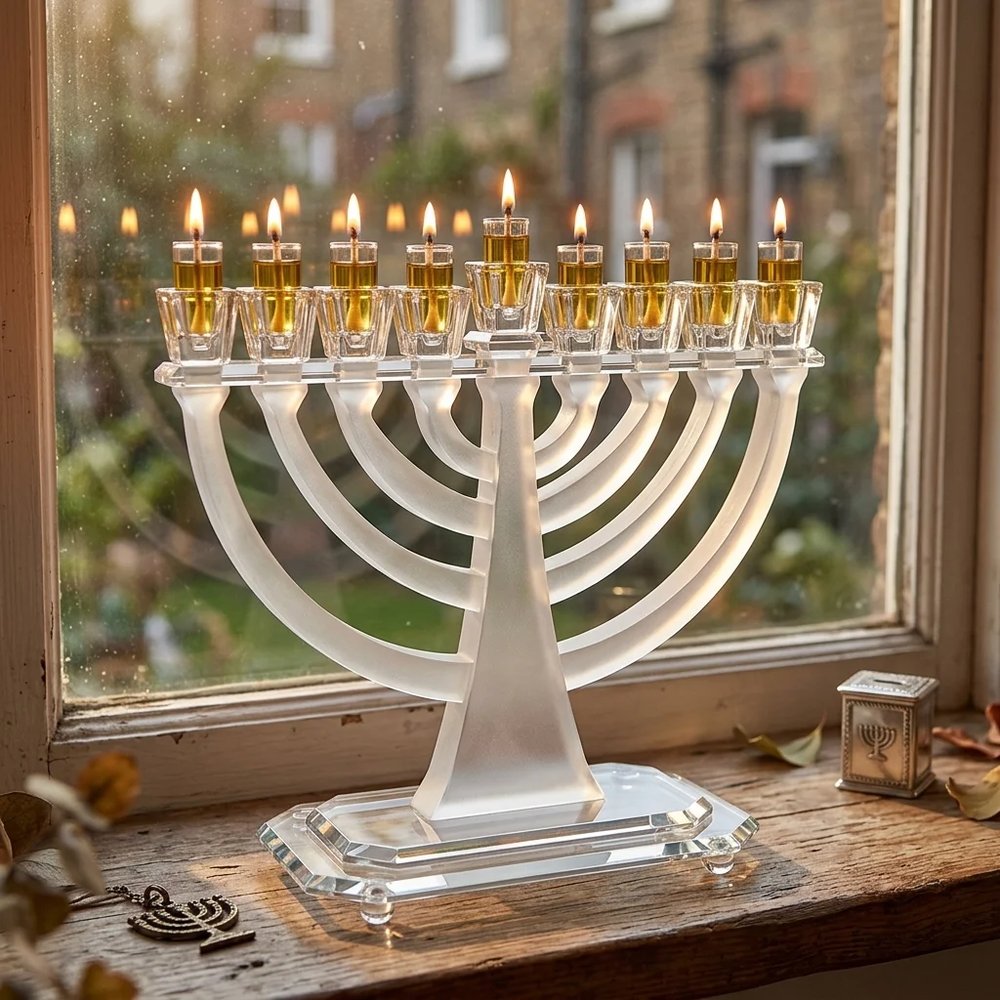 חנוכייה מקריסטל שקוף ומט בקשתות קלאסיות – החנוכייה דולקת בערב חנוכה