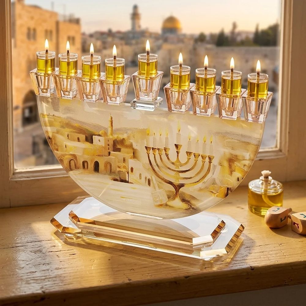 חנוכיית חצי סהר מקריסטל עם הדפס נוף ירושלים – החנוכייה דולקת בערב חנוכה
