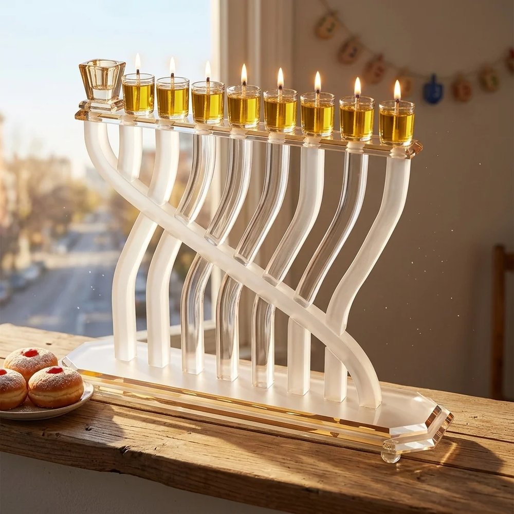 חנוכייה מקריסטל מט בעיצוב גלי עם גימור זהב – החנוכייה דולקת בערב חנוכה