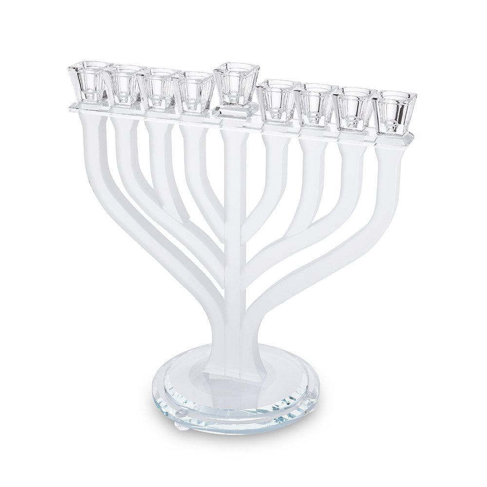 חנוכייה מקריסטל מט ושקוף בעיצוב ענפים על בסיס עגול – חנוכיית קריסטל מט ושקופה בעיצוב ענפים על בסיס עגול, עיצוב ארט יודאיקה
