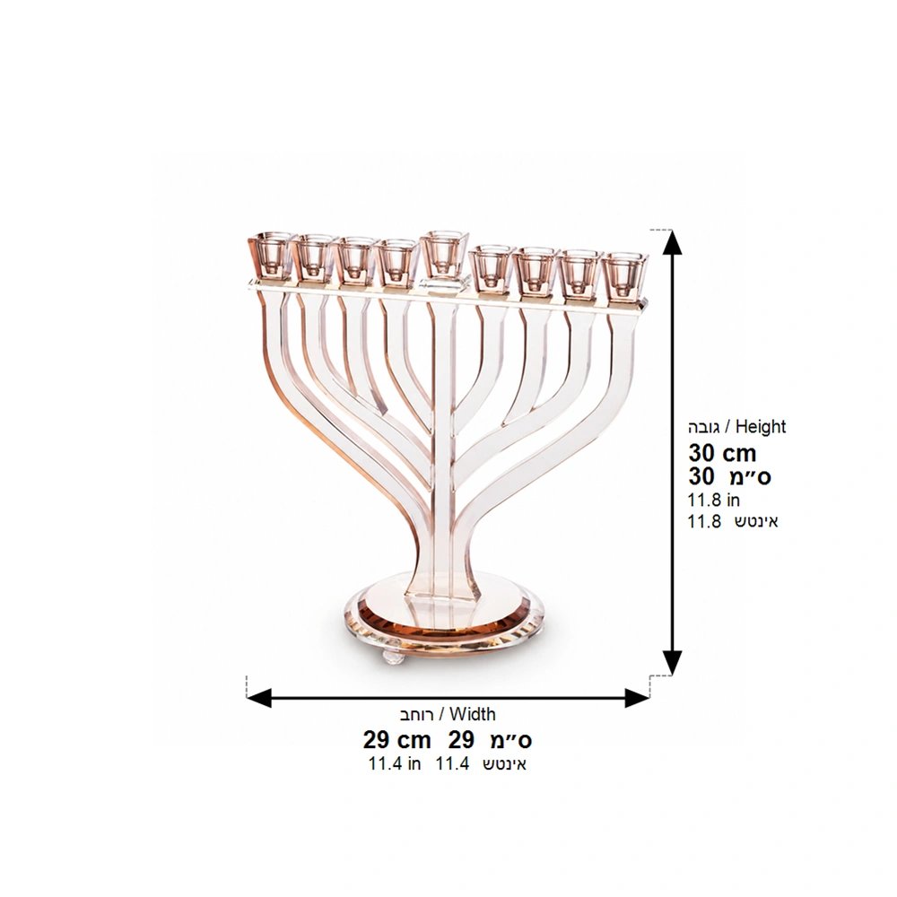 חנוכייה מקריסטל בגוון רוז גולד בעיצוב ענפים – תמונת מידות: 30*29 ס"מ