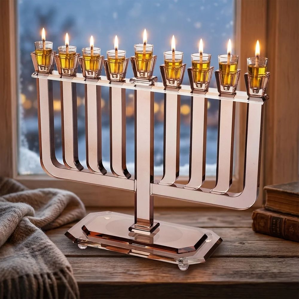 חנוכייה מקריסטל בגוון רוז גולד עם קנים ישרים – החנוכייה דולקת בערב חנוכה