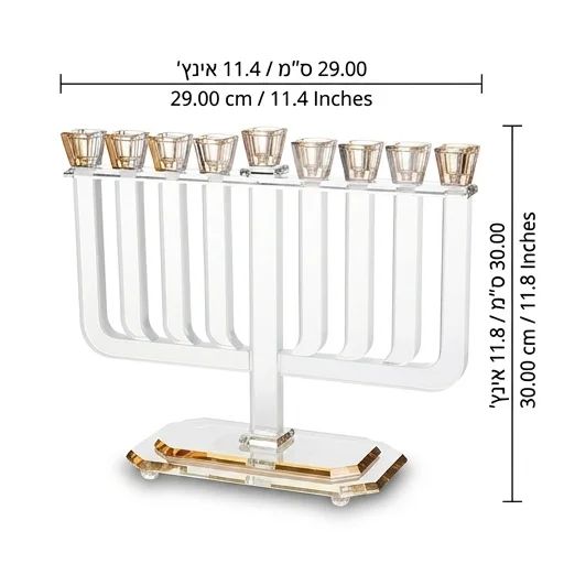חנוכייה מקריסטל שקוף עם קנים ישרים ובתי נרות בגוון זהב – תמונת מידות: 30*29 ס"מ