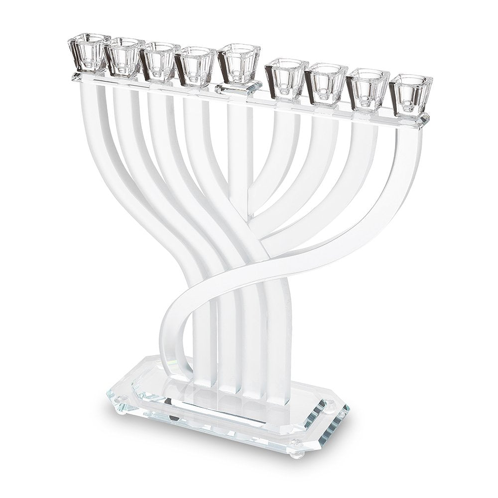 חנוכייה מקריסטל שקוף ומט בעיצוב זרועות זורמות – חנוכיית קריסטל מט ושקופה עם זרועות זורמות, עיצוב ארט יודאיקה
