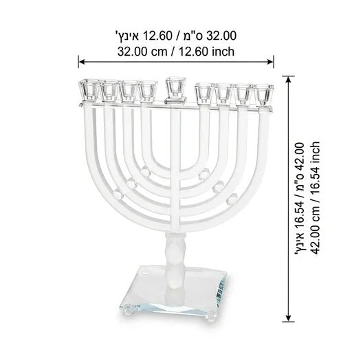 חנוכייה גבוהה מקריסטל שקוף ומט עם קשתות ואבני קריסטל – תמונת מידות: 42*32 ס"מ