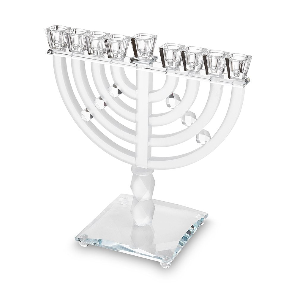 חנוכייה מהודרת מקריסטל שקוף ומט עם קשתות ואבני קריסטל – חנוכיית קריסטל שקוף ומט עם קשתות ואבני קריסטל, עיצוב ארט יודאיקה