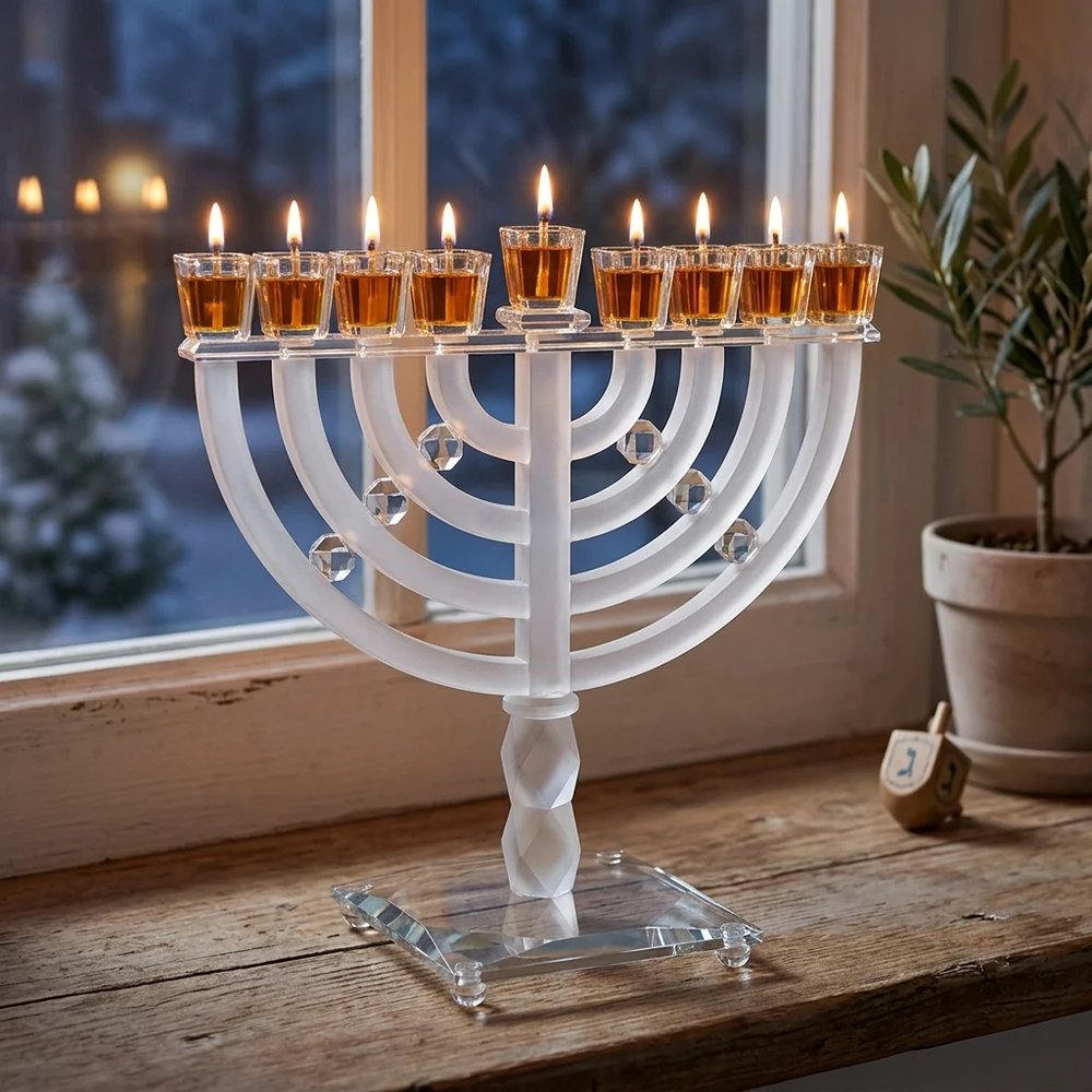 חנוכייה מהודרת מקריסטל שקוף ומט עם קשתות ואבני קריסטל – החנוכייה דולקת בערב חנוכה