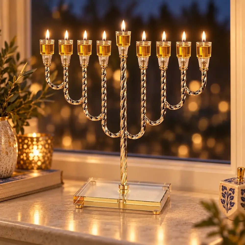 חנוכייה "אור הזהב" עם קנים קלועים בגימור זהב ובסיס קריסטל – החנוכייה דולקת בערב חנוכה