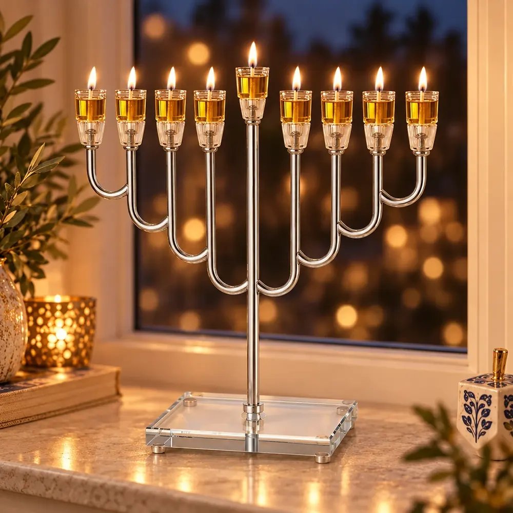 חנוכייה "אור הזהב" בגימור כסף עם קנים זוויתיים ובסיס קריסטל – החנוכייה דולקת בערב חנוכה