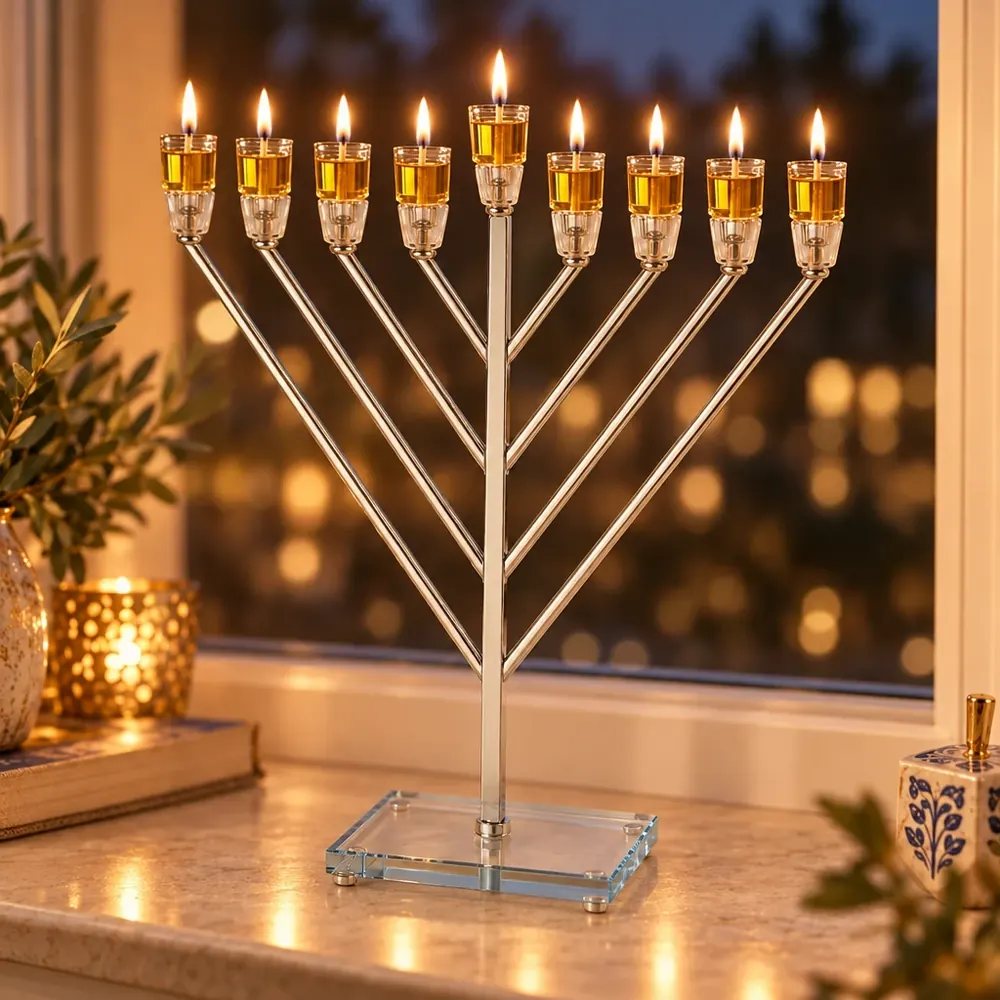 חנוכייה מודרנית "אור הזהב" בגימור כסף עם קנים אלכסוניים ובסיס זכוכית – החנוכייה דולקת בערב חנוכה