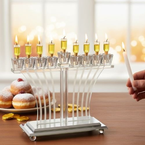 חנוכייה מקריסטל שקוף בעיצוב מתרחב עם בתי נרות כסופים – החנוכייה דולקת בערב חנוכה